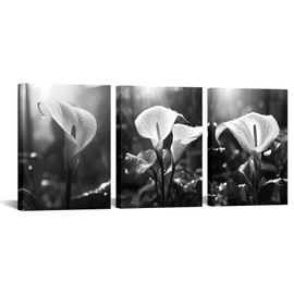 LyeArtork 3 Pieces Calla Lily Canvas Wall Art Black and White Flower Pictures Print Floral Artwork Wall Decor for Living Room Bedroom 12"x16"x3pcs