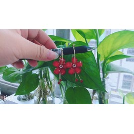 Romantic Crystal Acrylic Rose Flower Earrings Five Leaves Exaggerated Round Hoop long Tassel Earring for Women Jewelry (Red) (Red)