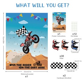 ASTARON Pin The Tail Games Pin The Rider on The Motocross Party Game with 30 Driver Sticker for Dirt Bike Theme Party Supplies, Boys Girls Party Baby Shower Background Christmas Party Gifts Favors