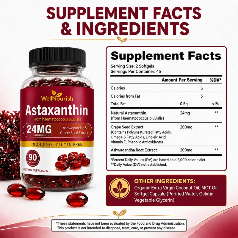 Astaxanthin 24mg Softgels from Microalgae, 90 Count