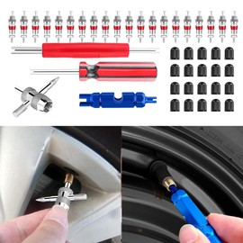 Kutyun 44Pcs Valve Stem Removal Tool, Spool Removal and Installation Tool-20Pcs Tire Valve Cores, 20Pcs Valve Stem Caps, 4-Way Valve Tool, Car Accessories Tire Repair Tool Universal for All Cars