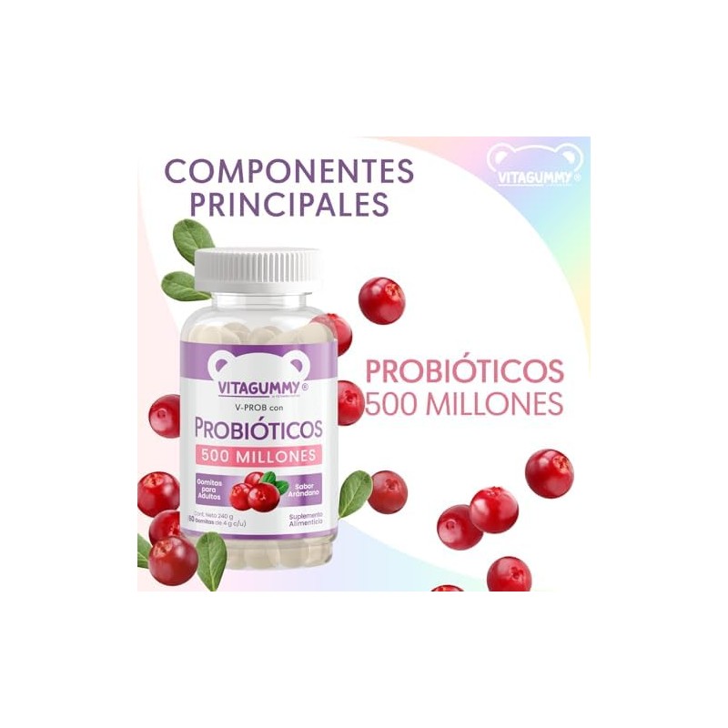 Gomitas V-PROB con probioticos sabor arandano, frasco con 60 gomitas