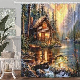 Rustic Cabin Shower Curtain for Bathroom, Country Lodge Bass Fish Lake Fishing RV Shower Curtain, Funny Farmhouse Hunting Camp Forest Nature Art Fisherman Shower Curtain with 12PCS Hooks,70X70IN
