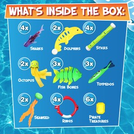 Chuchik 30 Pcs Diving Toys, Swimming Pool Toys for Kids Ages 4-8 8-12 with a Storage Net Bag. Pool Dive Toys for Kids. Pool Games, Swim Summer Water Toys. Include Diving Sticks & Pool Rings