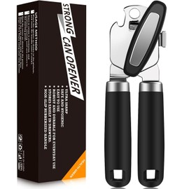 FIREYUN Can Opener Manual 2-in-1 Heavy Duty Manual Can Opener - Rust-Proof Stainless Steel with Smooth Edge, Soft-Touch Handle, Oversized Easy-Turn Knob for Large Lids - Black