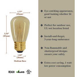 Luxsent Vintage Style Edison S14 LED Bulb, Amber Warm 2200K, Outdoor Waterproof Shatterproof, 1 W Low Wattage (10W Equivalent), E26 Medium Base, 25 Pack
