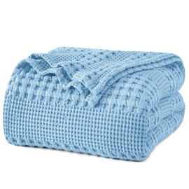 PHF 100% Cotton Waffle Weave Blanket King Size, Soft Lightweight Breathable Cozy Summer Blankets for Bed, Luxury Aesthetic Woven Bedding for Home Decor, 108"x90", Sky Blue