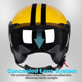 Yesmotor 3/4 Motorcycle Helmets Retro Open Face Vespa Scooters Helmet with Clear Visor for Men and Women- DOT Approved（Yellow Black LINE,2XL）