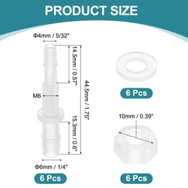 uxcell 6Pcs Plastic Hose Barb Fitting 5/32" x 1/4" Bulkhead Adapter Union Splicer Mender Pipe Connector with M6 Nut Washer for Aquarium Air Water Fuel