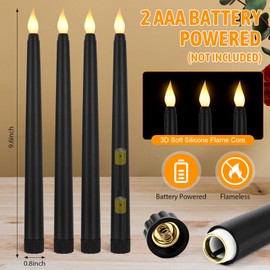 Baquler 24 Pcs Black 9.7 Inch LED Flameless Taper Candles Bulk Battery Operated Taper Candles Flickering Candlesticks for Wedding Church Holiday Table Decoration