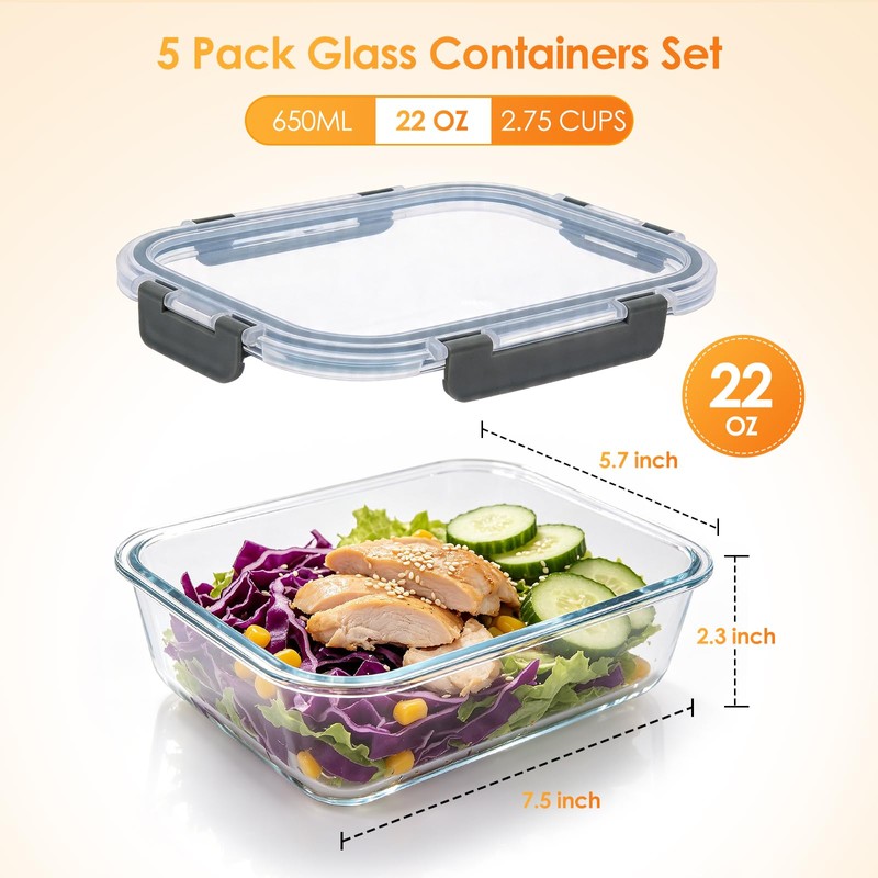 KEKEGO 5Pack 22oz Glass Storage Containers with Lids, Grey