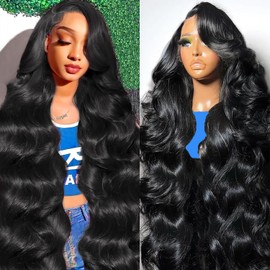 LUCLUEME 32 Inch 13x6 Body Wave Lace Front Wigs Human Hair 200 Density HD Lace Front Wigs Human Hair Pre Plucked Frontal Wigs Human Hair Glueless Wigs Body Wave for Women Natural Black