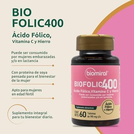 Biomiral Biofolic-400 Multivitamínico Mujer - Ácido Fólico, Vitamina C, Hierro y Proteína de Soya - 60 Tabletas 190 mg c/u - Suplementos Maternidad Y 