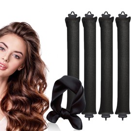 4PCS Heatless Curling Rods, Heatless Blowout Rods with Satin Silk Head Hair Scarf - No Heat Hair Rollers for All Hair Types - DIY Overnight Blowout Rods (Black, One Size)