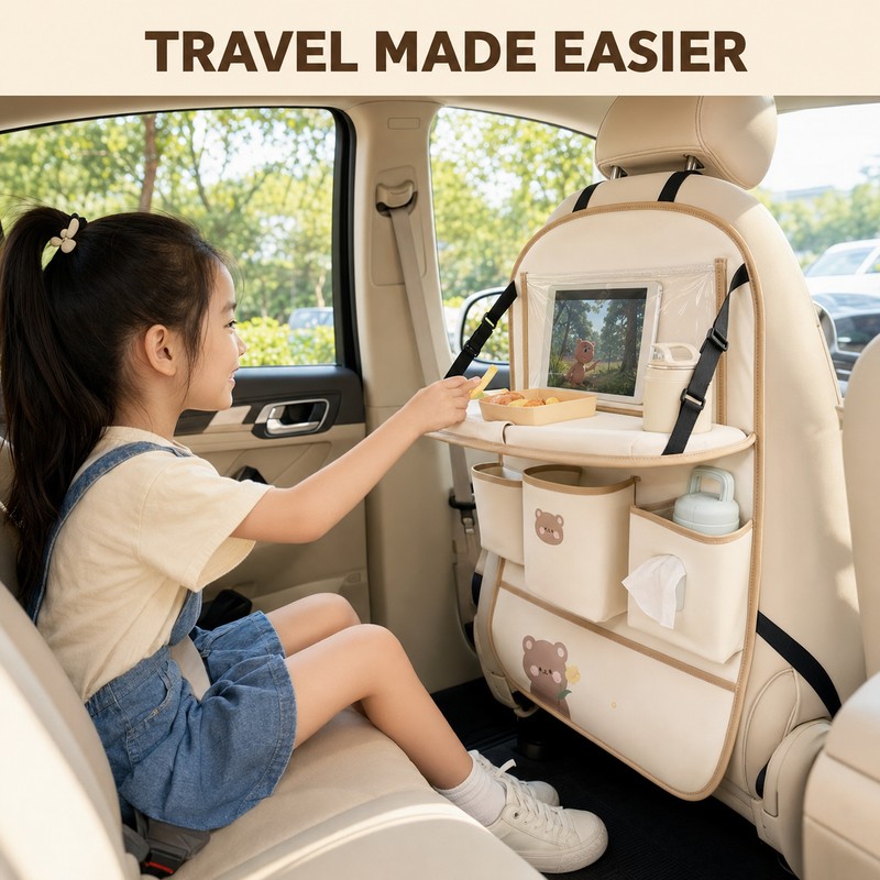 PU Leather Car Seat Back Organizer with Foldable Tray, Multi-Pocket