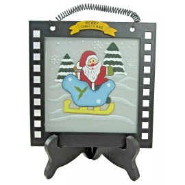 Unbranded Santa in Sleigh Hanging Hand-Painted Glass Christmas Tile 4.5 x 4.5 inches