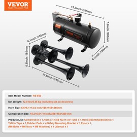 VEVOR Train Horns Kit, 4 Trumpet Air Horn Kit, 150dB Train Horns for Pickup Trucks, 12V 120 psi Air Compressor 0.8 Gal/3 L Tank with Gauge for Any 12V Vehicle Car Truck Train Van Boat Power Sound Accessory - Capacity: Train Horns + Tank Kit - 0.8 Gal/3 L