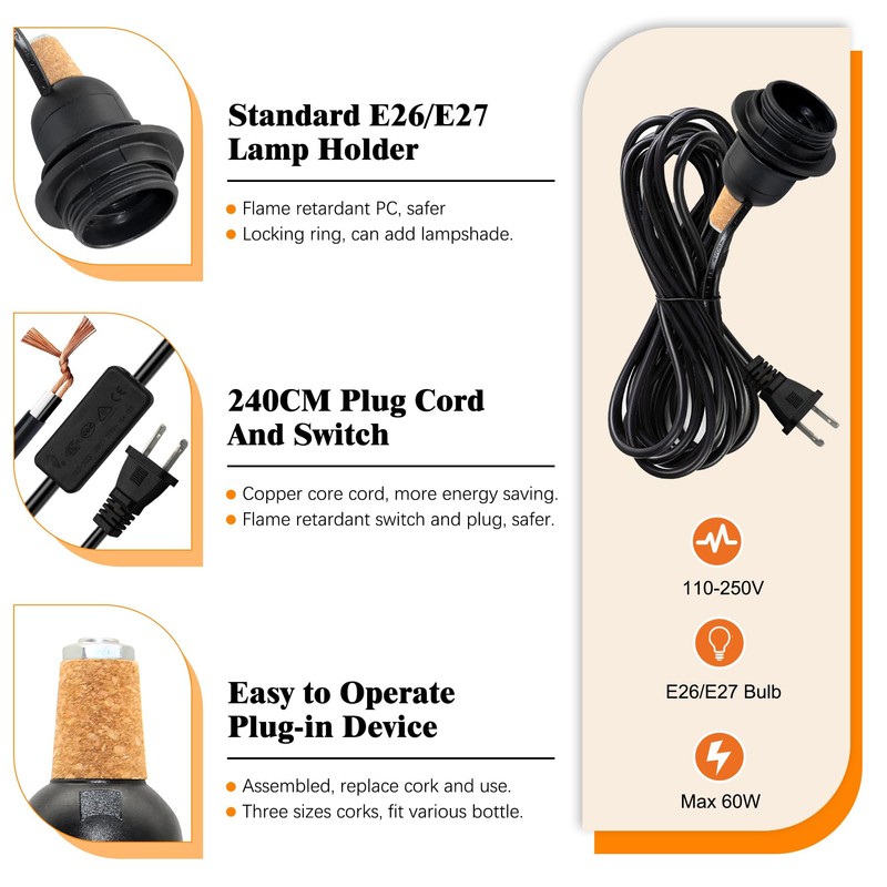 Lamp Kits Do it Yourself, DIY Bottle Lamp Kit, 240cm