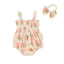 Himllauen 2 Pcs Newborn Baby Girl Summer Romper Outfits Cute Sleeveless Cherry/Carrot/Alber/Flowers/Peach Print Jumpsuit + Hair Band Bodysuit for Infant Girls (Pink Peach, 6-12 Months)