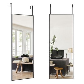 NeuType Over The Door Mirror Full Length Miror, 44"x16" Door Mirror Full Length Hanging Over Door with 2 Hangers or Leaning Against Wall, Mirror for Bedroom Dorm Living Room, Alluminum Black Frame