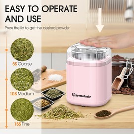 Hermolante Herb and Spice Grinder, 200W Electric With Stainless Steel Blade, Cleaning Brush - Compact Size 5.11in (Pink)