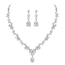 EVER FAITH Wedding Jewellery Set for Women, Cubic Zirconia Fashion Floral Leaf Vine Necklace and Dangle Earrings Set Silver Tone, Cubic Zirconia, Cubic Zirconia