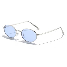 SUNBSR Retro Oval Sunglasses for Women Men 90s Trendy Small Round Gold Sun Glasses Fashion Narrow Metal Frame Shades (Silver/Blue)