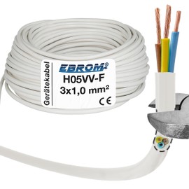 EBROM Plastic Hose Line, Round, Cable, Power Cable, Device Cable H05VV-F 3 x 1.0 mm² 3G1 mm2 - Colour: White - Many Lengths in 5 Metre Increments up to 150 Metres, Your Cable Length: 15 Metres