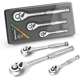DURATECH 3-Piece Ratchet Set, 1/4", 3/8", 1/2", 72-Tooth with Quick-Release Reversible Design, Chrome Alloy Made, Fully Polished, Organized in Storage Case