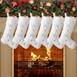 Deggodech White Faux Fur Christmas Stockings Set of 4 Large 22 inches Plush Christmas Hanging Stockings with Silver Sequins Snowflake for Xmas Tree, Fireplace, Home Decorations