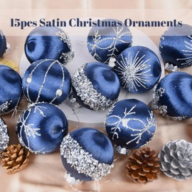 Christmas Balls Navy Blue Ornaments - Pack of 15 Luxury Christmas Tree Decorations Shatterproof - Satin Glitter Xmas Bulbs Set, 80mm 3.15 inch