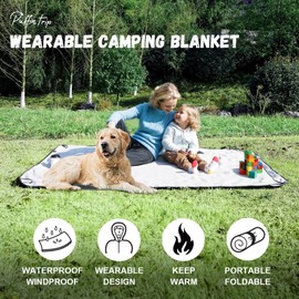 PUFFIN TRIP Wearable Warm Camping Blanket Waterproof Windproof Quilted Fleece Stadium Blanket with Portable Bag for Cold Weather Camping Picnic Sports Pet Beach Travel Car 79 * 55 inches Black