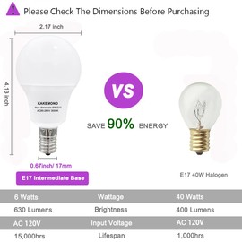 KAKEMONO E17 Intermediate Base 6W LED Bulbs, 60watts Halogen Equivalent, Non-Dimmable R14 Ceiling Fan Light Bulbs, Warm White 3000K,Pack of 3