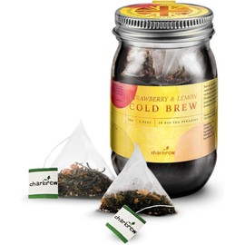 Charbrew Strawberry & Lemon Cold Brew Tea Blend – 16 Compostable Fine Mesh Pyramid Teabag Infusers with String & Tag in Reusable Glass Mason Jar Premium Tea from Sri Lanka 40g/1.14oz
