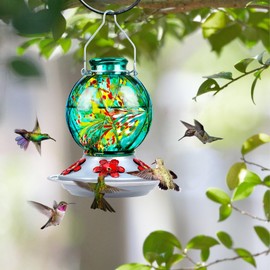 BOLITE Hummingbird Feeder, Hummingbird Feeders for Outdoors Hanging, Hand Blown Glass, Meshy Texture Ball Shape Bottle, Five Feeding Ports with Perch, 20 Ounces, Green