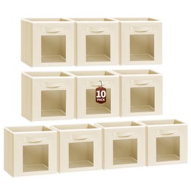 Homsorout Foldable Storage Cubes - Cubby Storage Organizer with Window, Decorative Baskets for Organizing, 11 Inch Fabric Cube Shelf Bins, Set of 10, Beige