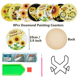 Diamond Painting Coasters, 8 Pieces Diamond Art Coasters, DIY Diamond Painting Kit with Holder for Beginners, Adults & Children Craft Supplies, Gift for Birthday and Family (Sunflower)