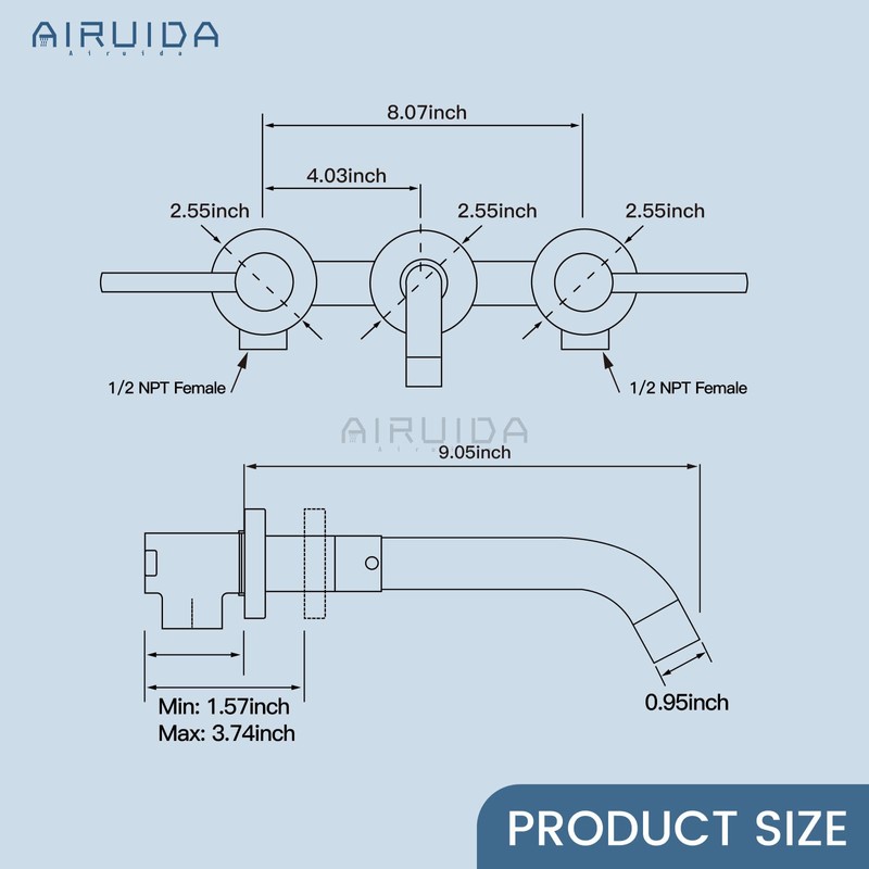 Airuida Solid Brass Widespread Wall Mount Bathroom Faucet with 360