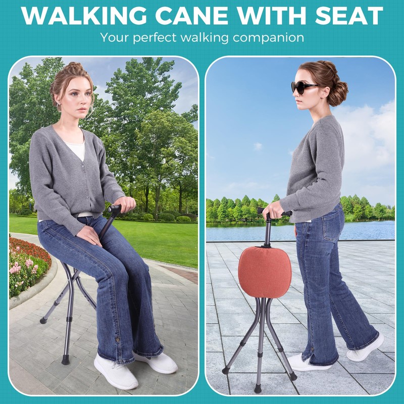 ENLUNTRA Portable Adjustable Folding Walking Cane with Seat and Cushion(Orange)，Cane