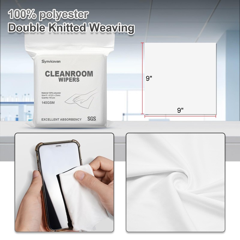 Synvicovan Cleanroom Wipers 9"x9"(150 Pcs, 100% Polyester, Class 100, 140GSM)