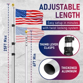 Hooomyai 25FT Telescopic Flag Pole Kit, Thumb Buckle Lock Design Heavy Duty Aluminum Telescoping Flagpole Kit Fly 2 Flags, Outdoor In Ground Flagpole with 2 USA Flag & Gold Ball Top for Residential