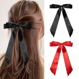 ZOUIQSS 2PCS Satin Hair Bow Clips, Hair Ribbon Ponytail Holder with Long Tail Tassel, Metal Clips Hair Barrettes with Bow for Women Girls(Black+Red)