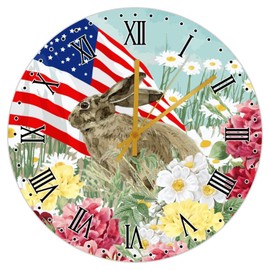 Wood Wall Clocks Battery Operated Non Ticking Bunny Rabbit Patriotic American Flag Frameless Wall Clocks Colorful Seasonal Flower Garden Home Decor for Nursery Office Conference Room 15 Inch