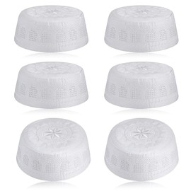 Breathffy 6 Pcs Eid Muslim Prayer Kufi Hat for Men Prayer Headwear Cap Islamic Beanie Skull Cap Embroidery Kofia Topi(White,Elegant)