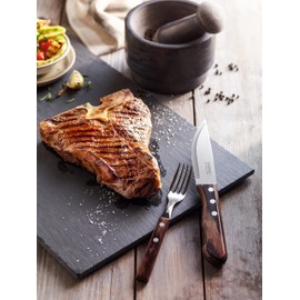Tramontina Jumbo Steakbesteck, Set 4-teilig, mit 2 Steakmessern und 2 Steakgabeln, Edelstahl, Holzgriff, FSC