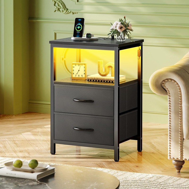 Huuger Night Stand with Charger Station and LED Lights, 2
