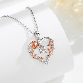 EUDORA Rose Heart Initial M Necklace for Women Letter M Alphabet Initial Necklaces Copper Rhodium Plated Pendant with Cubic Zirconia, Initials Jewelry Gifts for Women Wife 18"