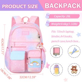 Atsabdas Gradient Rainbow Kids Backpack for Girls Elementary School Heart-Print Pink Bookbag with Multiple Pockets (Pink)
