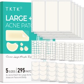 TKTK Large Pimple Patches for Face, 68 x 27 mm XL Hydrocolloid Bandages, Big Acne Patches for Body, Forehead, Chin, Nose, Chest and Back Blemish Zit Breakouts (Strip, Contoured, Dot 5 Sizes 295 Count)