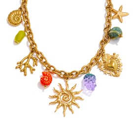 Mchic Beach Charm Necklace for Women Gold Chunky Paperclip Chain with Sun Starfish Shell Crystal Pendant Tropical Summer Ocean Jewelry Vacation Necklace Coastal Style